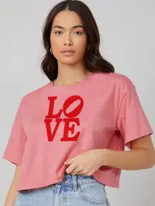 Kotty Pink Printed Round Neck Drop-Shoulder Sleeves Crop Oversized T-shirt