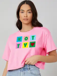 Kotty Pink Printed Round Neck Drop-Shoulder Sleeves Crop Oversized T-shirt