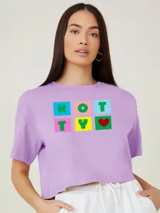 Kotty Purple Printed Round Neck Drop-Shoulder Sleeves Crop Oversized T-shirt