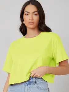 Kotty Yellow Round Neck Drop-Shoulder Sleeves Crop Oversized T-shirt