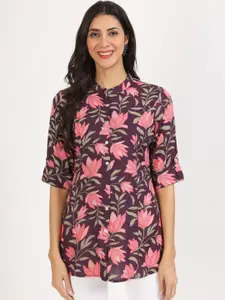 Divena Floral Print Mandarin Collar Roll-Up Sleeves Shirt Style Longline Top