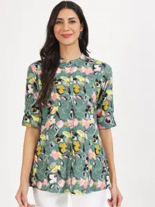 Divena Floral Printed Mandarin Collar Roll-Up Sleeves Shirt Style Top
