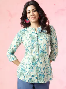 Anouk Blue Floral Printed Mandarin Collar Pure Cotton Top