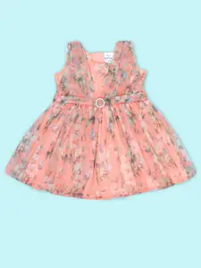 Doodle Girls Floral Printed Sleeveless Belted Detail Net Fit & Flare Dress