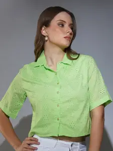 DELAN Floral Self Design Cotton Shirt Style Crop Top