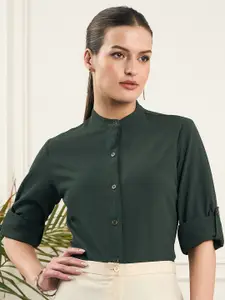 Style Quotient Green Smart Fit Mandarin Collar Opaque Formal Shirt