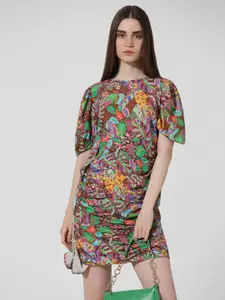 ONLY Floral Printed Flared Sleeves Ruched Sheath Dress