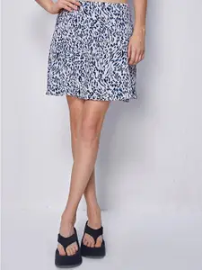 COVER STORY White Abstract Print Satin A-Line Opaque Mini Skirt