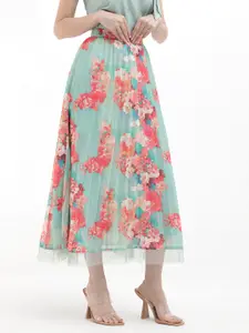 RAREISM Floral Printed Flared Midi Skirt