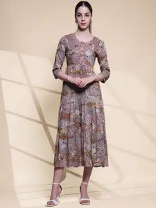 Anouk Grey Floral Printed Embroidered Detailed Fit & Flare Midi Ethnic Dress