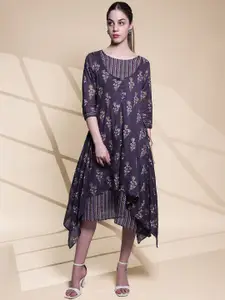 Anouk Grey Ethnic Motifs Printed Pure Cotton A-Line Ethnic Dress