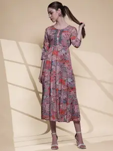 Anouk Mauve Floral Printed Embroidered Detailed Fit & Flare Midi Ethnic Dress