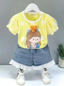 INCLUD Girls Graphic Printed Top With Denim Shorts