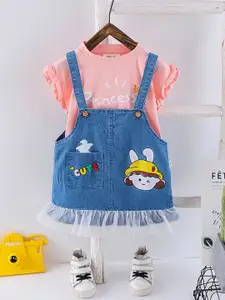 INCLUD Girls Graphic Printed Denim Pinafore Dress With Cotton T-shirt