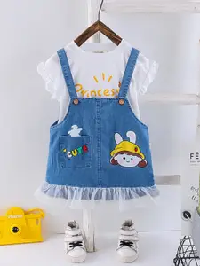 INCLUD Girls Printed Cotton Denim T-shirt with Dungaree Set