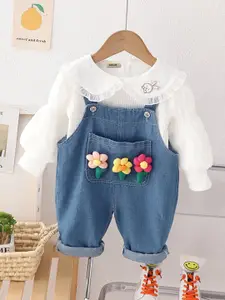 INCLUD Girls Peter Pan Collar Cotton Top With Denim Dungaree