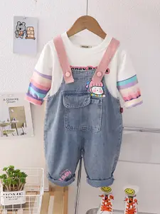 INCLUD Girls Printed Cotton Denim Dungaree With T-shirt