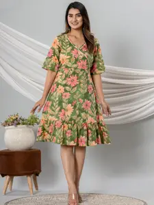VEDANA Floral Print Flared Sleeve Ruffled A-Line Dress