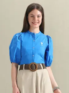 U.S. Polo Assn. Women Mandarin Collar Puff Sleeve Cotton Shirt Style Top
