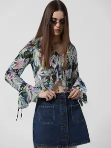 ONLY Floral Print Tie-Up Neck Bell Sleeve Top