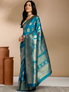 Anouk Teal Blue Floral Woven Design Zari Banarasi Saree