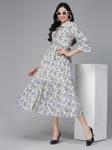 Stylum Floral Print Bell Sleeve Cotton Tiered Midi Dress