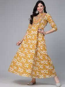 Stylum Mustard Floral Printed Pure Cotton Mirror Work Fit & Flare Ethnic Dresses