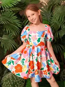 BAESD Girls Floral Print Square Neck Puff Sleeves Fit & Flare Dress
