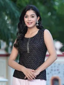 BAESD Geometric Printed Mirror Work Round Neck Sleeveless Top