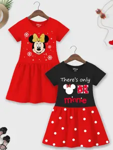 YK Disney Girls Pack Of 2 Minnie Mouse Printed Gathered Cotton A-Line Dresses
