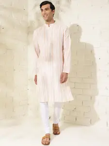 Fabindia Striped Cotton Mandarin Collar Straight Thread Work Kurta