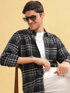 HERE&NOW Slim Fit Tartan Checks Button-Down Collar Cotton Casual Shirt