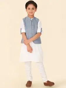 Fabindia Boys Woven Design Mandarin Collar Pure Cotton Straight Kurta With Churidar