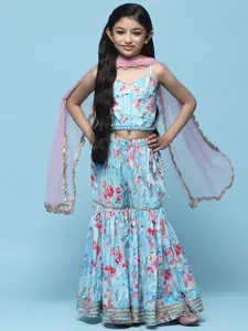 Biba Girls Floral Printed Shoulder Straps Top With Palazzos & Dupatta