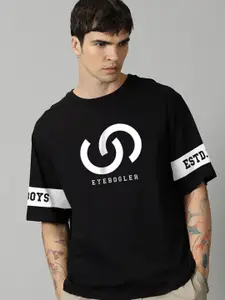 Eyebogler Typography Printed Round Neck Extended Sleeves Applique T-shirt