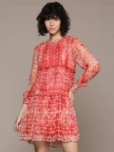 Label Ritu Kumar Ethnic Motifs Print Puff Sleeve Chiffon A-Line Mini Dress