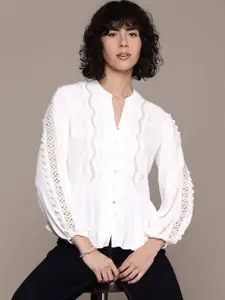 Label Ritu Kumar Mandarin Collar Puff Sleeve Crepe Shirt Style Top