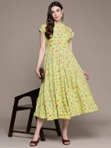 Label Ritu Kumar Floral Print Mandarin Collar Crepe A-Line Midi Dress