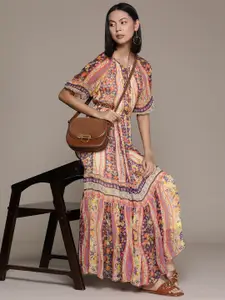 Label Ritu Kumar Floral Print Tie-Up Neck Puff Sleeves Crepe A-Line Maxi Dress