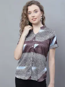 Karmic Vision Animal Print Mandarin Collar Crepe Shirt Style Top