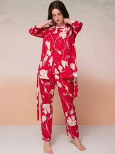Bannos Swagger Red Floral Printed Pure Cotton Night Suit