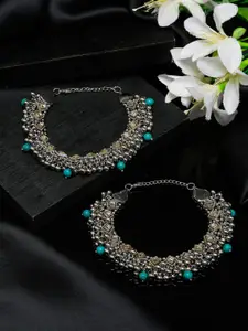YouBella Set of 2 Oxidised Silver-Plated Stones Studded and Beaded Anklets