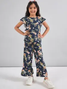 One Friday Girls Printed Pure Cotton Round Neck Top With Flared Pyjamas Clothing Set