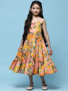 Biba Girls Floral Print Shoulder Straps Fit & Flare Tiered Midi Dress