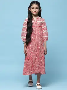Biba Girls Floral Print Mandarin Collar Three-Quarter Puff Sleeve Cotton A-Line Midi Dress