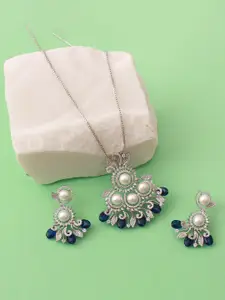 Mirana Rhodium-Plated CZ-Studded & Pearl Beaded Pendant Jewellery Set