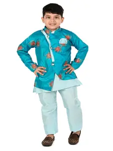BAESD Boys Mandarin Collar Long Sleeves Thread Work Kurta with Trousers