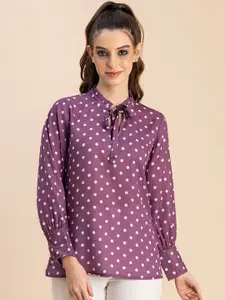 Moomaya Polka Dot  Printed Tie Up Neck Puff Sleeves Opaque Casual Shirt