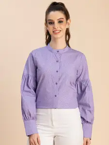 Moomaya Geometric Printed Cotton Mandarin Collar Puff Sleeves Opaque Casual Shirt