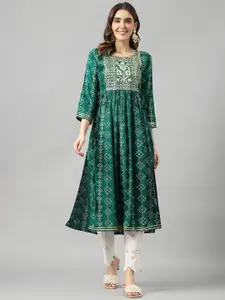 Ishin Bandhani Printed Thread Work Pleated A-Line Kurta
